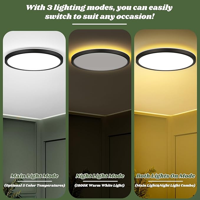 Brightever Black LED Flush Mount Ceiling Lights with Night Light, 12 Inch 2 Packs, 24W 2400LM Ceiling Light Fixtures, Dimmable & 2700K-6500K 5 Color in One Ceiling Lamp for Kitchen, Hallway, Closet