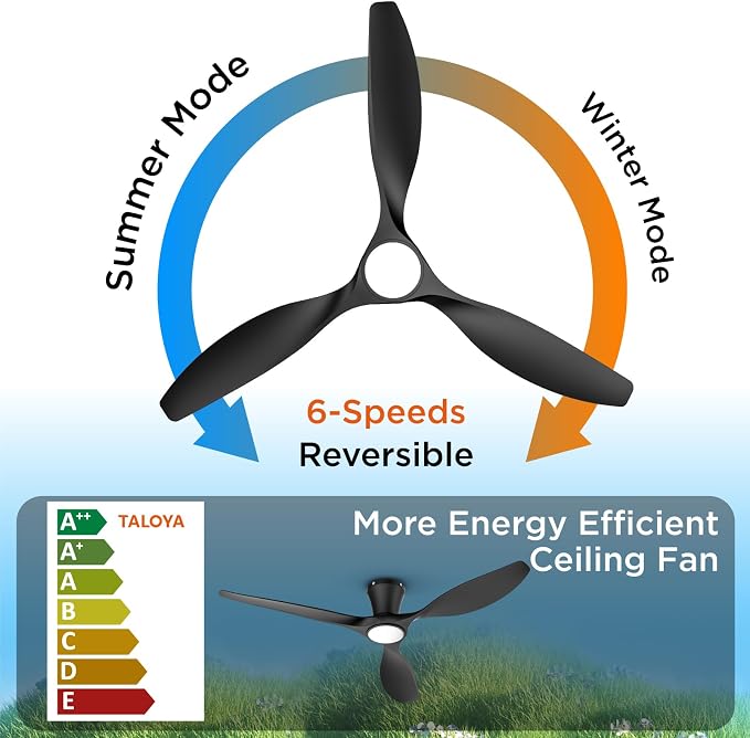 TALOYA 52 Inch Smart Ceiling Fans with Lights Led Remote Control Flush Mount Low Profile for Bedroom Farmhouse Patio Outdoor Living Room Kitchen Dining Room,DC Motor,Reversible,Black