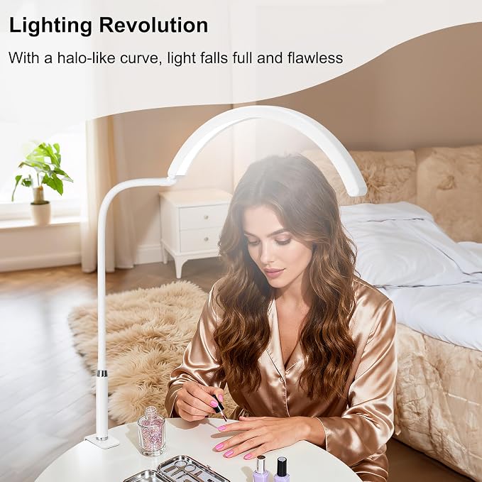 Professional Half Moon LED Desk Light for Nail Techs & Artists – Flexible Gooseneck Lamp with Clamp, 5 Color Modes & 5 Brightness Levels for Manicure, Tattoo, Beauty Work
