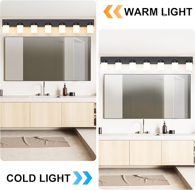IZORRO Bathroom Vanity Light Fixture, 7-Light 52 inch Matte Black Bathroom Light Fixtures Over Mirror, with White Glass Shade, Modern Farmhouse Vanity Lights, Rustic Restroom Lighting Fixtures