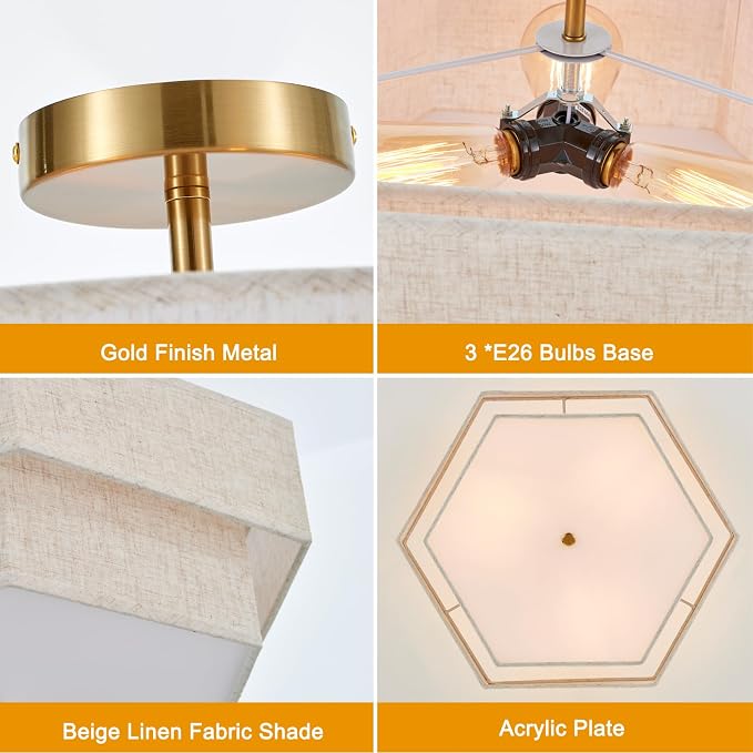 18" Large Gold Semi Flush Mount Ceiling Light, 3-Light Fixture | Beige Linen Double Hexagonal Shade, Modern Gold Finish For Bedroom, Dining, Living, Hallway, Entryway; Close-To-Ceiling, E26