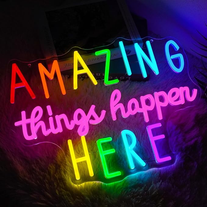 Amazing Things Happen Here Neon Sign Dimmable Positive Letters Neon Light Sign for Wall Decor Colorful Led Sign for Bedroom Cafe Bar Classroom Party Decor Birthday Gift 16.5" x 12"