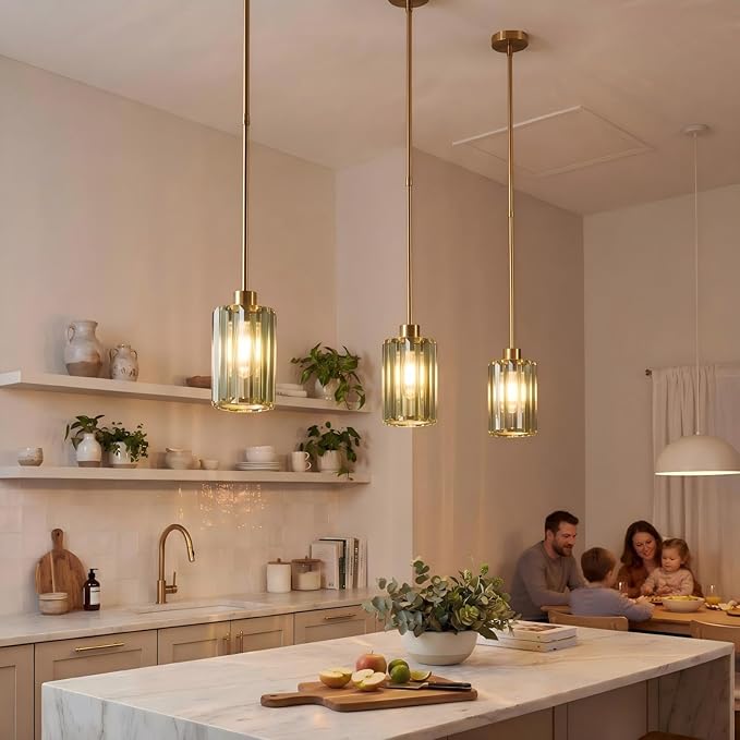 Modern Olive Green Fluted Glass Pendant Light 2 Pack - Thick Ribbed Glass with Warm Glow, Adjustable E26 Hanging Lamp for Kitchen Island & Dining Room