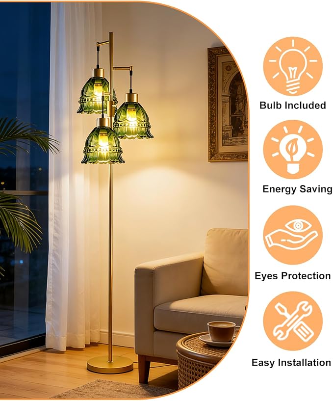Lightdot 3-Lights Green Glass Floor Lamp Dimmable Gold Floor Lamp with Glass Shade 3000K Bulbs Included Unique Modern Standing Tall Lamp with 5Lbs Heavy Base for Living Room/Bedroom/Sofa Beside