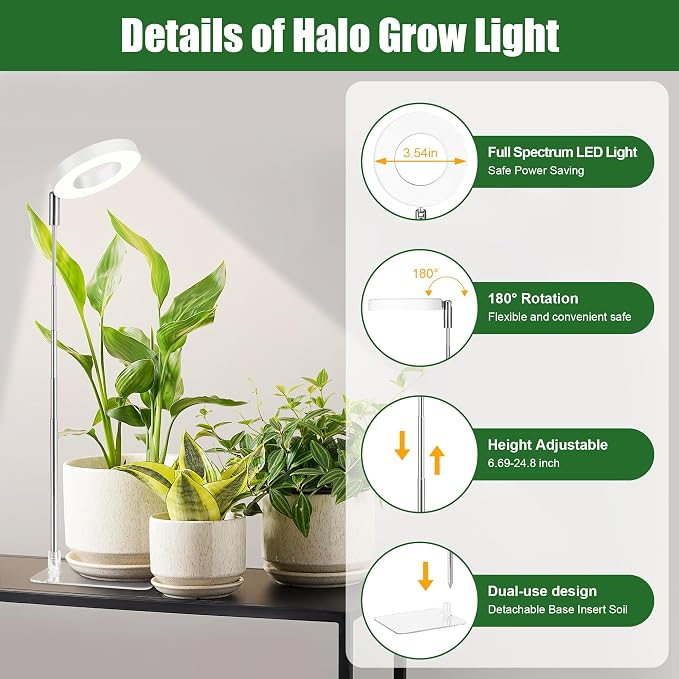 3.54" White Grow Light, Full Spectrum Plant Lights for Indoor Growing with 3/9/12H Timer, 3 Color Modes, 10 Brightness, 6.6"-24.8" Height Adjustable, Small Halo Grow Light with Base, 2 Pack