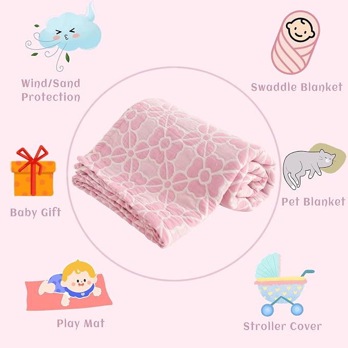 NTBAY 3 Layer Oversized Muslin Toddler Blanket, 45 x 60, Pink Clover | Muslin Cotton Outer Layers with Light Thermal Fiber Fill, Reversible Blanket for Daycare, Travel, Naps, and Supervised Use