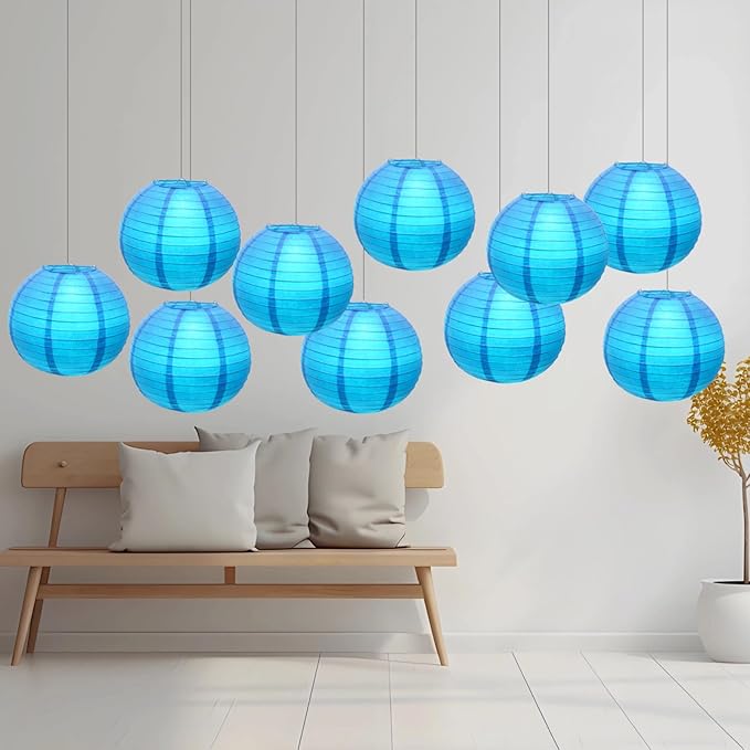 Chinese Paper Lanterns - Pack of 10, 10-Inch Blue Hanging Lights for Birthday Party Decorations, Ceiling Decor, Rainbow Classroom, Wedding, and Home Party
