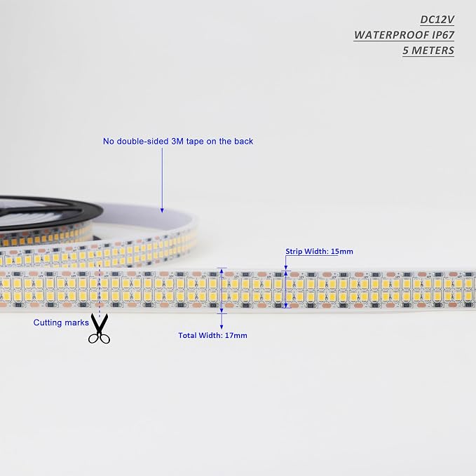 LED Strip Lights Warm White 3000K Double Row DC12V 16.4ft/5m IP67 | 2835 SMD 2400LEDs Bright LED Tape Light Flexible Dimmable Ribbon Lamp Waterproof Outdoor Lighting (No Adapater and Dimmer)