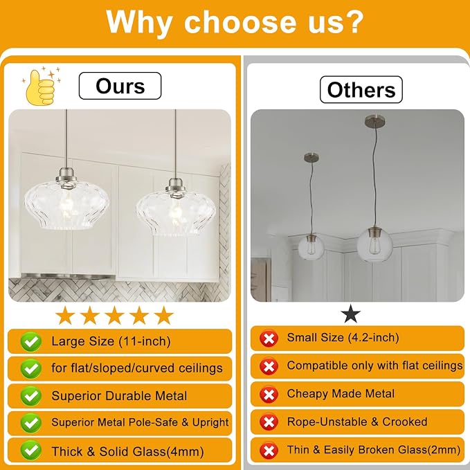 Modern Pendant Lights Kitchen Island, Brushed Nickel Pendant Light Fixtures with 11" Clear Hammered Glass Shade, Industrial Hanging Pendant Lights Fixture for Kitchen Island Dining Room Hallway Foyer