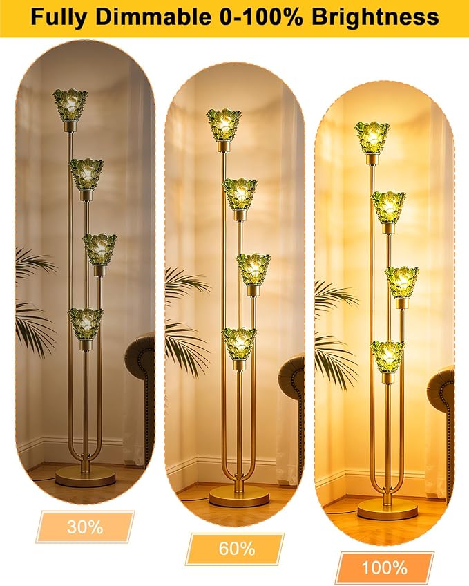 63IN 4-Lights Glass Floor Lamp Modern Dimmable Floor Lamps with Green Glass Shade& Warm White Bulbs for Wedding/Party, Gold Tall Standing Lamp with 5Lbs Heavy Base for Living Room/Bedroom