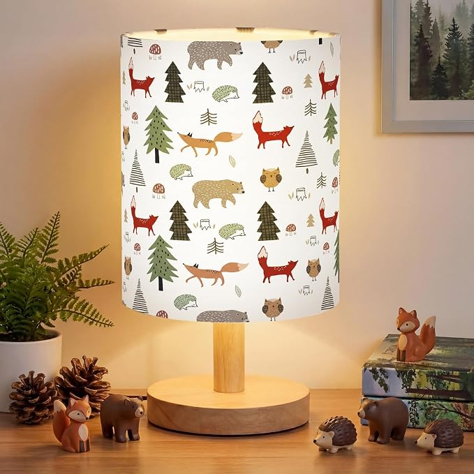 Woodland Animals Kids Table Lamp for Bedroom Kids Bedside Lamp with Linen Wooden Nightstand Cartoon Nursery Lampshade for Girls Boys Living Room