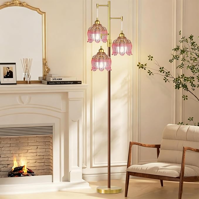 Vintage Floor Lamps for Living Room 3 Light Glass Floor Lamp with 3 Color Temperatures, Dimmable Flower Floor Lamp Gold Mid Century Modern Standing Lamp Tall Tree Wood Floor Lamp for Bedroom Corner