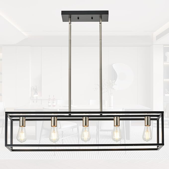 Black&Brushed Nickel Kitchen Island Lighting, Modern Linear Cage Retangular Chandelier, 5 Lights Industrial Metal Hanging Light Fixture for Farmhouse Kitchen Dining Room Bar Foyer