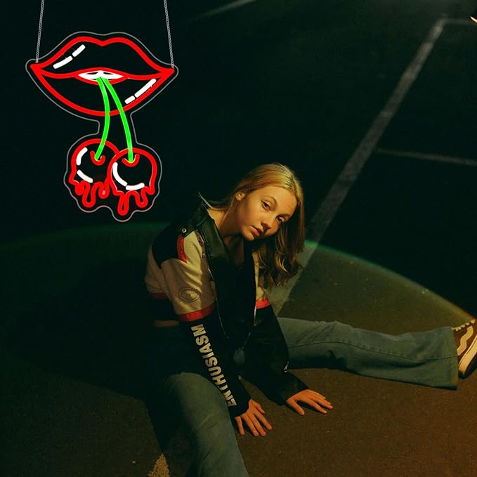 Cherry Lips Neon Sign, JGHTURIE Red Led Neon Signs for Wall Decor USB Powered Bar Lights Signs for Room Man Cave Party Art Decoration
