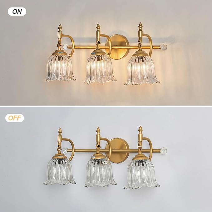 CVKASH 3-Light Bathroom Vanity Light Fixtures Over Mirror,Brushed Gold Modern Vanity Lights with Glass Shade Vintage Wall Sconce for Bedroom Dressing Room Living Room Hallway Cabinet