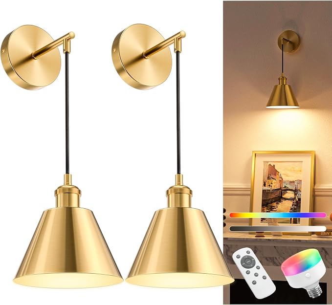 Brushed Gold Battery Operated Wall Sconce Set of 2, 5200mAh Dimmable Detachable Bulbs and Remote Wireless Rechargeable Wall Lights, 9 Colors Sconces Wall Decor for Bedroom Living Room Hallway
