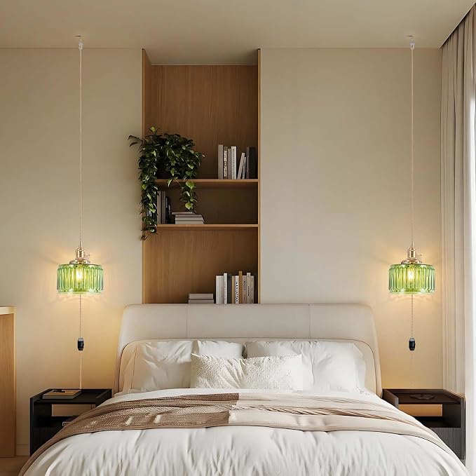 Pendant Light Fixtures,Plug in Hanging Light Fixture Green Glass 6.6in Pendant Light,E26 Pendant Lighting for Kitchen Island, Bedroom, Dining Room, Living Room