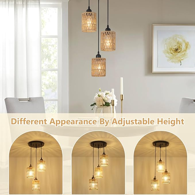 3 Lights Rattan Pendant Light, Farmhouse Dining Room Light Fixtures Ceiling Hanging, Boho Pendant Lighting with Hand Woven Wicker Shades for Kitchen Island Living Room Bedroom Foyer Hallway