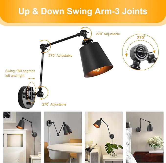 HOXIYA DIMMABLE Swing Arm Plug in Wall Lamps Set of 2, Plug-in Wall Sconce with Dimmer Switch Cord, Matte Black Metal Industrial Reading Light Fixture Wall Mounted for Bedside Bedroom Living Room