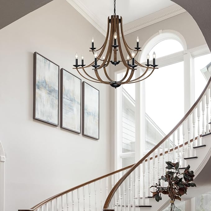 Farmhouse Chandeliers for Dining Room Light Fixture, 2 Tier 12-Light 41" Adjustable Height Retro Faux Wood Texture Rustic Light Fixtures for Living Room Bedroom Foyer Entryway