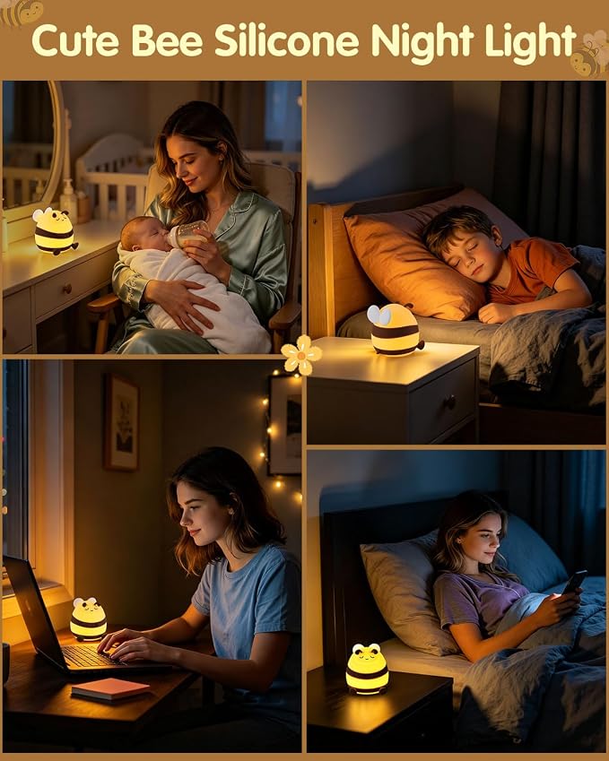 YISUN Bee Silicone LED Night Light, 3 Level Dimmable Kids Room Nursery Lamp | Soft Squishy, Rechargeable Bedside Touch Light, Novelty Animal Lamp for Boys Girls Toddlers