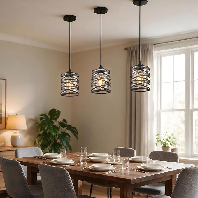 3 Light Pendant Lighting, Farmhouse Hanging Light Fixture for Kitchen Island & Dining Room, Industrial Vintage Ceiling Lamp with E26 Base, Adjustable Height, Black Spiral Cage Glass Pendant