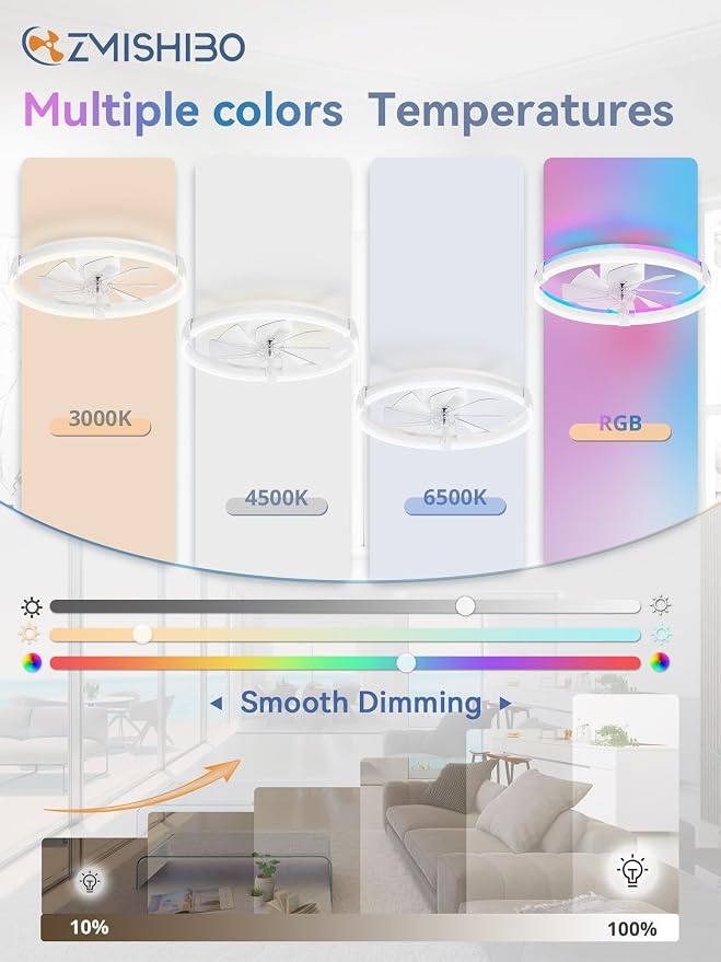 ZMISHIBO 23" RGB Low Profile Ceiling Fans with Lights and Remote, White | Custom RGB+3CCT Dimmable, 6 Speeds, Remote/App Control, Reversible DC Motor, Memory, Timer, Modern Fandelier for Kids/Bedroom