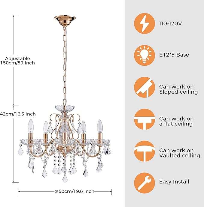 Saint Mossi 5 Light Crystal Chandelier Light Fixture, Modern Gold Crystal Pendant Light, French Gold Raindrop Chandelier for Dining Room, Bedroom,Living Room, H17 x D20