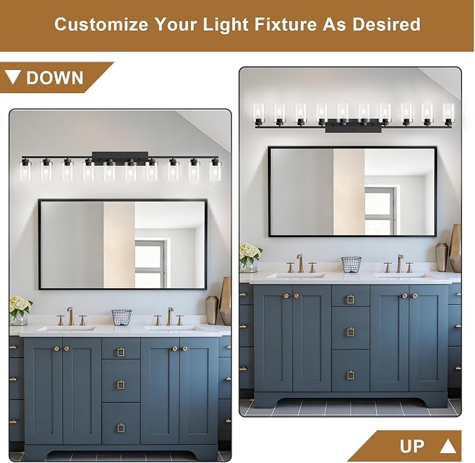 IZORRO Modern Bathroom Light Fixtures, 10 Light Black Vanity Lights, Bathroom Lighting Fixtures Over Mirror with Clear Glass for Living Room Cabinet Bedroom