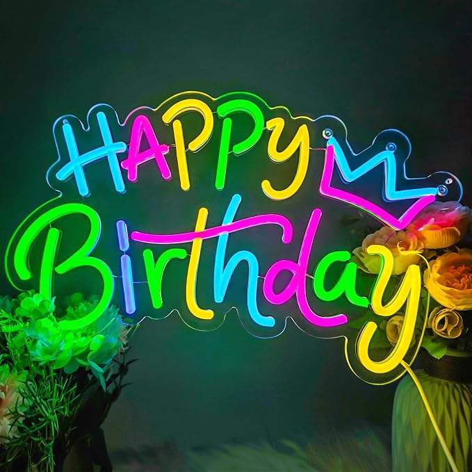 Happy Birthday Neon Sign for Decorations Backdrop, Happy Birthday Light Up LED Sign for Party Backdrop with Dimmable USB Power for Any Ages (Happy Birthday)