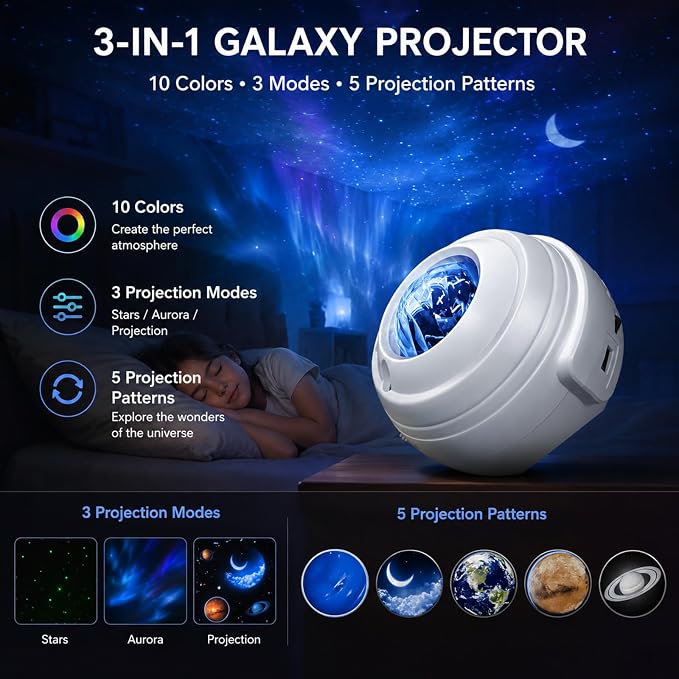 Galaxy Projector, Star Projector Bluetooth for Bedroom | White Noise Night Light Projector, Adjustable Brightness Ceiling Space Projector with Timer, Remote Control, Bedroom Deco