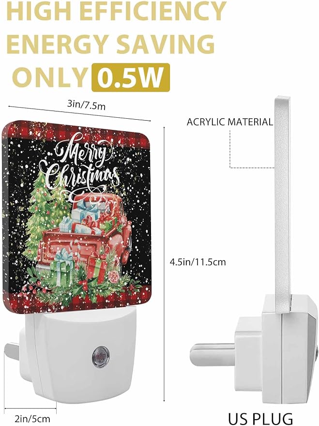 Christmas Night Lights Plug into Wall LED Night Light Christmas Tree Truck with Gift Red Plaid Automatic Dimmable Dusk-to-Dawn Square Shaped Smart Nightlight for Bathroom/Bedroom