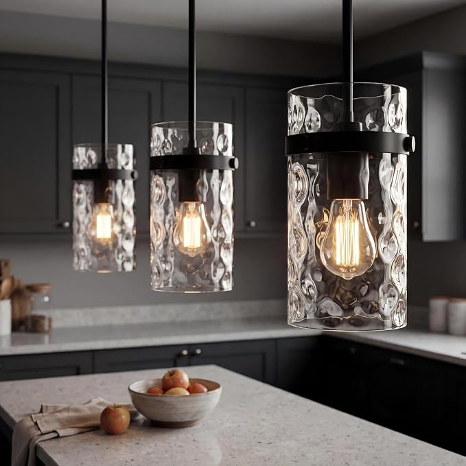 Modern Clear Wavy Glass Pendant Light 1 Pack - Thick Glass Adjustable E26 Hanging Lamp with Elegant Warm Glow for Kitchen Island, Dining Room & Hallway