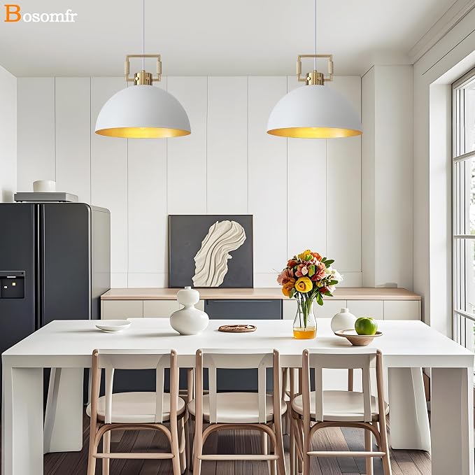12'' Farmhouse Pendant Light 2 Pack White and Gold for Kitchen Island, Dome Industrial Metal Hanging Lighting Fixtures, Adjustable Height Dining Room Chandelier for Hallway and Foyer