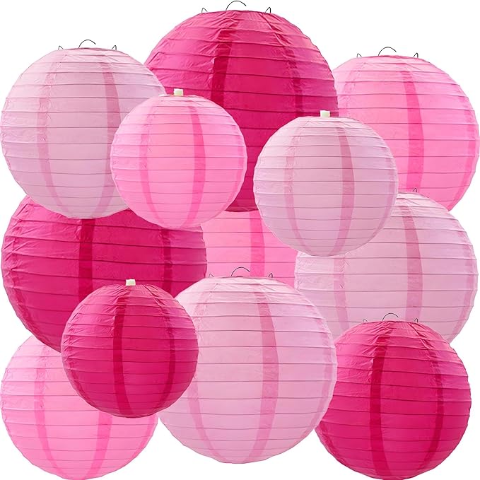 Hot Pink Paper Lanterns 12Pcs Hanging Round Paper Lanterns Decorative for Graduation Baby Shower Wedding Birthday Family Parties ﻿