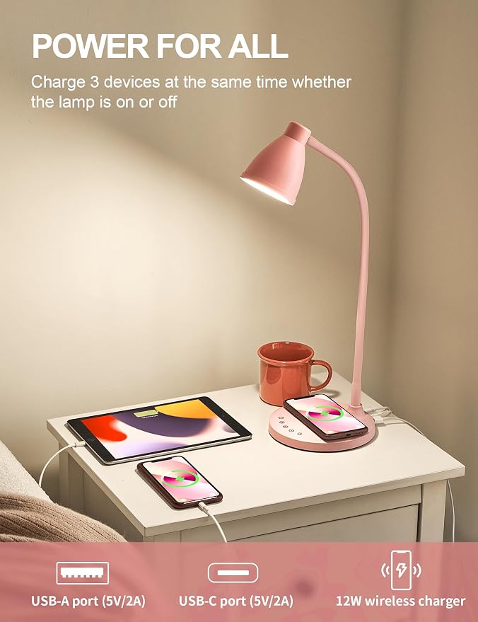BOHON Cute Desk Lamp for Home Office with USB C+A Charging Port Timer Pink | LED Desk Light with Wireless Charger 5 Colors Stepless Dimming Reading Light Touch Bedside Table Lamp for College Dorm Room
