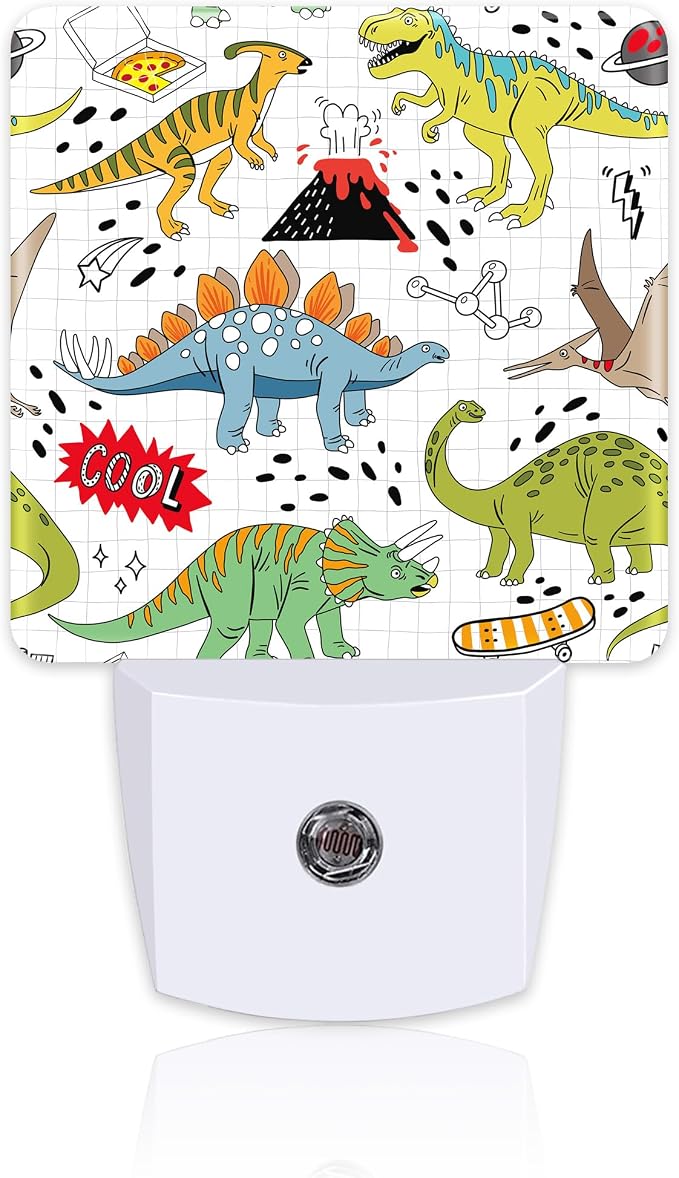 Cool Doodle Dinosaurs Night Light for Kids, Funny Cartoon Dino Night Light Plug in with Dusk to Dawn Sensor, 0.5w Energy Saving Sleep Friendly Nightlight for Hallway Stairway Kitchen Bedroom