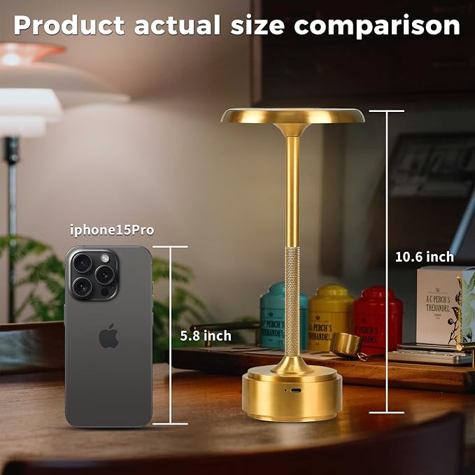 Cordless Rechargeable Modern Metal Table Lamp, Touch Dimming, 3-Color | Gold, 5200mAh Battery, Portable LED Desk Light, Touch Sensor, Suitable for Night Light/Restaurant/Night Stand/Coffee/Bar