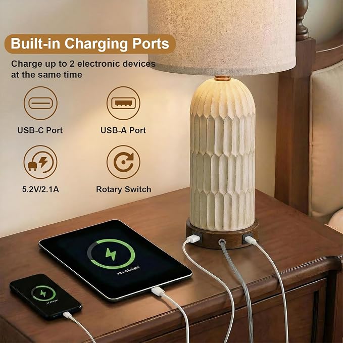 22" Bedside Table Lamps Set of 2, Farmhouse Lamp with USB A+C, Brown | Vintage Nightstand Lamp for Bedroom, Retro Design, Home decor for living Room, Nursery, Home Office, End Side table, Hallway