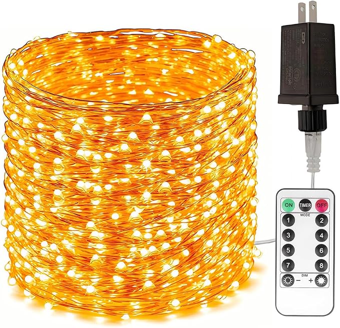 Plug in Fairy Lights with Remote 100FT 300 LED Waterproof Warm White Copper Wire Twinkle String Lights for Indoor Outdoor Christmas Tree Bedroom Porch Wedding Birthday Party Girl's Room