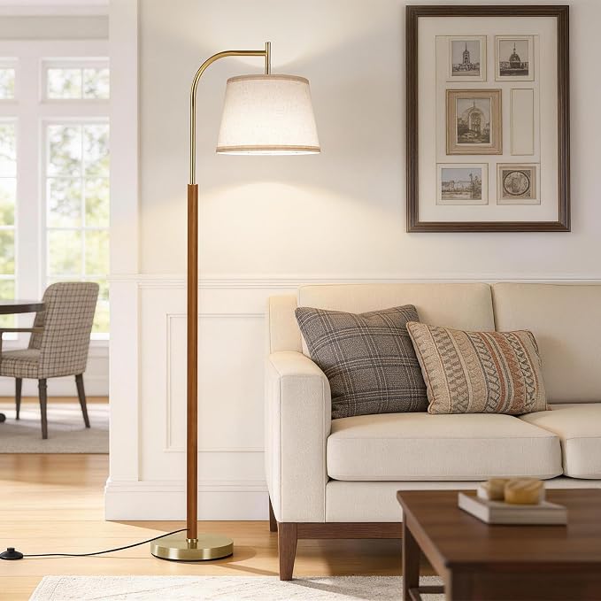 SUNMORY Wood Floor Lamp for Living Room, Mid Century Modern Arc Floor Lamps | 3 Color Temperatures, 9W/800lm LED Bulb, Adjustable Linen Shade, Gold Standing Tall Reading Light for Bedroom Corner Office