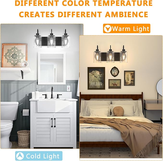 3-Light Bathroom Light Fixtures, Black Vanity Light Farmhouse Wall Sconces with Clear Glass Shade, Modern Bathroom Wall Lamp for Mirror Bedroom Hallway Living Room Cabinet