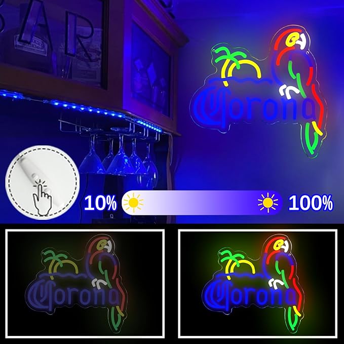 Coron Neon Sign Parrot Neon Lights for Bar Decor, Palm Tree Beer Lights Bar LED Neon Sign Dimmable Light Up Signs Man Cave Home Pub Beer Gift Neon Lamp (Blue)