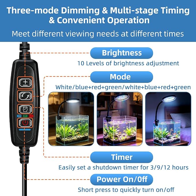 DaToo 6W Aquarium LED Light for 1-5 Gallon Betta Fish Tanks Mini USB Clip On Fish Tank Light with Full Spectrum & Dimmable Brightness Timing