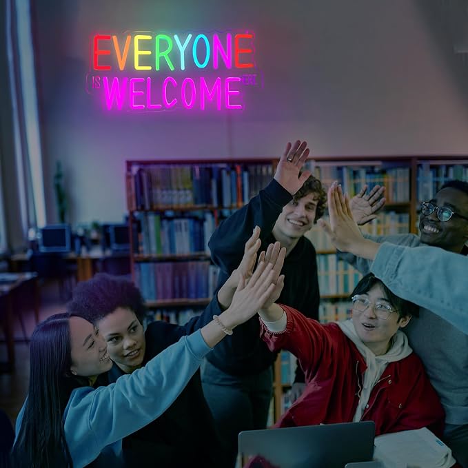 Everyone is Welcome Here Neon Sign, Dimmable Classroom Neon Sign Lights for Wall Decor, USB Positive Affirmation LED Neon Light, Welcome Signs for Classroom Teacher Gifts Rainbow Pride Diversity Decor
