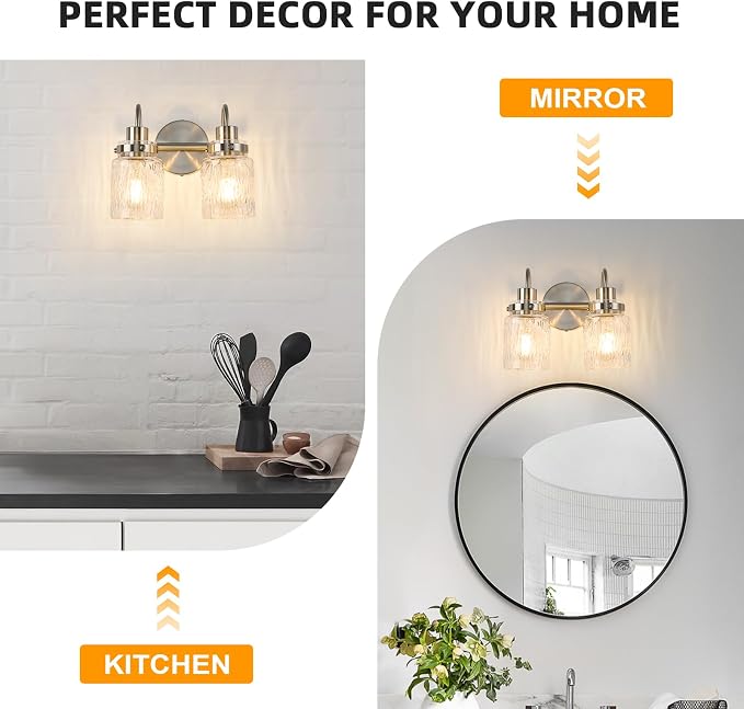2 Lights Hammered Glass Bathroom Vanity Light,Brushed Nickel | Easy Installation,Up or Down,Farmhouse Modern Style,E26 Socket,ETL Certification