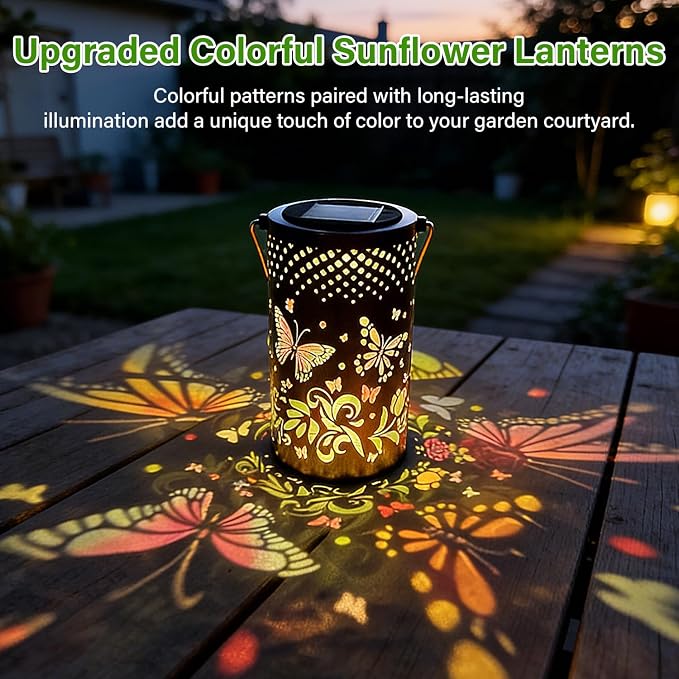 Colorful Solar Lanterns Outdoor Waterproof, Garden Decor LED Butterfly Solar Lights Gifts for Women Mom Sister Grandma, Metal Hanging Lantern for Outside Table Tree Garden Patio Yard Lawn Porch Decor