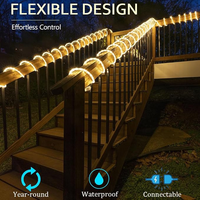 16ft Waterproof LED Rope Lights - Connectable Warm White Outdoor Lighting with PVC Tube, IP65 Flexible for Garden, Patio, Ceiling, Landscape & Indoor Bedroom Decor