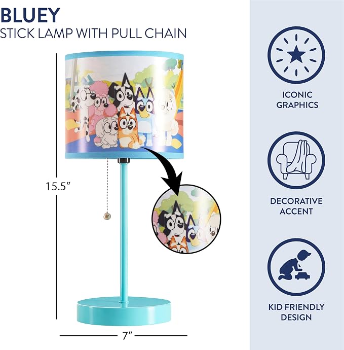 Bluey Table Lamp for Kids,Stick Lamp with Printed Shade & Pull Chain,Bedroom or Nursery Nightstand Lighting,Official Bluey Merchandise