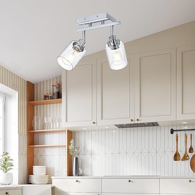 2-Light Chrome Track Lighting Kit Ceiling Kitchen Track Light Fixture with Seeded Glass, Multi-Directional Rotating Track Lighting Heads Spotlight Fixtures for Accent Shop Bathroom Vanity